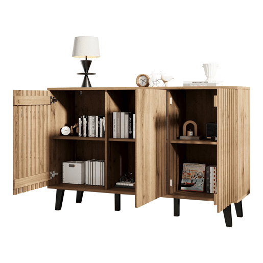 Móvel auxiliar 150x40x95cm - Aparador com 3 portas, 6 compartimentos, ideal para sala, quarto e escritório - Madeira natural