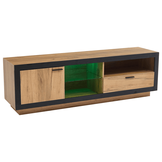 Móvel para TV LED 706555 - Centro de entretenimento moderno com prateleiras de vidro - Preto + Carvalho Móvel para TV LED 706555 - Centro de entretenimento moderno com prateleiras de vidro - Preto + Carvalho