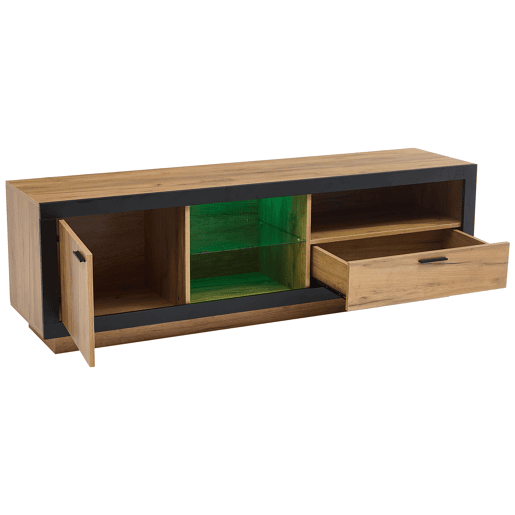Móvel para TV LED 706555 - Centro de entretenimento moderno com prateleiras de vidro - Preto + Carvalho Móvel para TV LED 706555 - Centro de entretenimento moderno com prateleiras de vidro - Preto + Carvalho