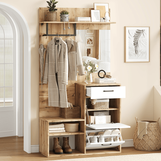Conjunto de guarda-roupa 100x38,5x190 cm - com espelho, sapateira, armário de entrada, prateleira suspensa, 1 gaveta e 2 armários, muito espaço de arrumação - Branco + Madeira Original