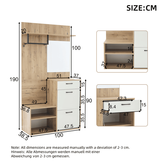 Conjunto de guarda-roupa 100x38,5x190 cm - com espelho, sapateira, armário de entrada, prateleira suspensa, 1 gaveta e 2 armários, muito espaço de arrumação - Branco + Madeira Original