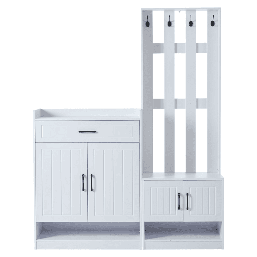 Conjunto de hall de entrada branco 140,6 x 32 x 180 cm - Painel de entrada + Sapateiras, Mate, Móveis de entrada, Cabideiro para corredor, Conjunto de sapateira