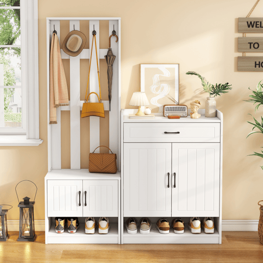 Conjunto de hall de entrada branco 140,6 x 32 x 180 cm - Painel de entrada + Sapateiras, Mate, Móveis de entrada, Cabideiro para corredor, Conjunto de sapateira