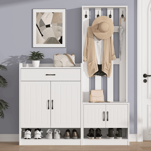 Conjunto de hall de entrada branco 140,6 x 32 x 180 cm - Painel de entrada + Sapateiras, Mate, Móveis de entrada, Cabideiro para corredor, Conjunto de sapateira