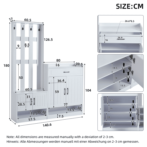 Conjunto de hall de entrada branco 140,6 x 32 x 180 cm - Painel de entrada + Sapateiras, Mate, Móveis de entrada, Cabideiro para corredor, Conjunto de sapateira