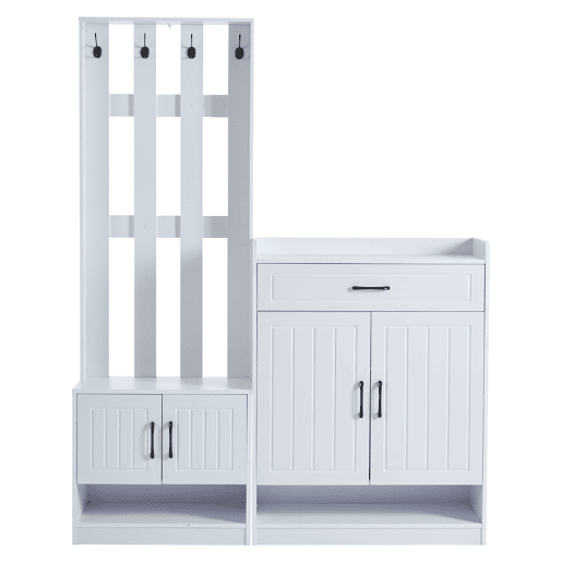 Conjunto de hall de entrada branco 140,6 x 32 x 180 cm - Painel de entrada + Sapateiras, Mate, Móveis de entrada, Cabideiro para corredor, Conjunto de sapateira