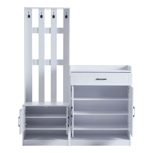 Conjunto de hall de entrada branco 140,6 x 32 x 180 cm - Painel de entrada + Sapateiras, Mate, Móveis de entrada, Cabideiro para corredor, Conjunto de sapateira