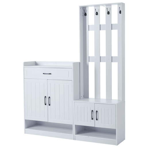 Conjunto de hall de entrada branco 140,6 x 32 x 180 cm - Painel de entrada + Sapateiras, Mate, Móveis de entrada, Cabideiro para corredor, Conjunto de sapateira