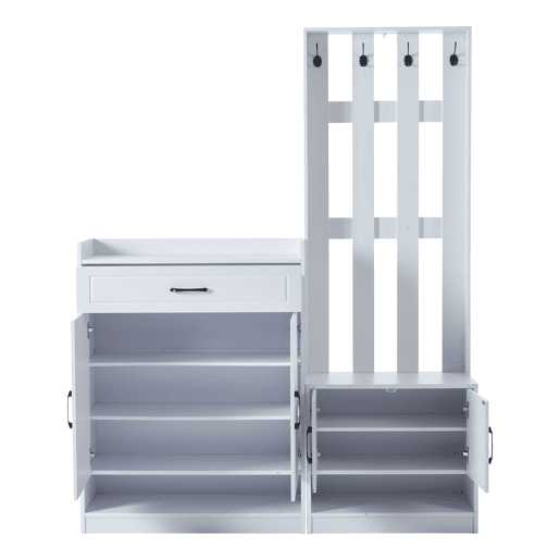 Conjunto de hall de entrada branco 140,6 x 32 x 180 cm - Painel de entrada + Sapateiras, Mate, Móveis de entrada, Cabideiro para corredor, Conjunto de sapateira