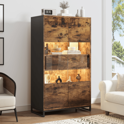 Vitrine 80x40x138 cm - Com LED, 2 gavetas, com acrílico e grande capacidade de armazenamento - Preto + Veios de madeira