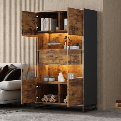 Vitrine 80x40x138 cm - Com LED, 2 gavetas, com acrílico e grande capacidade de armazenamento - Preto + Veios de madeira
