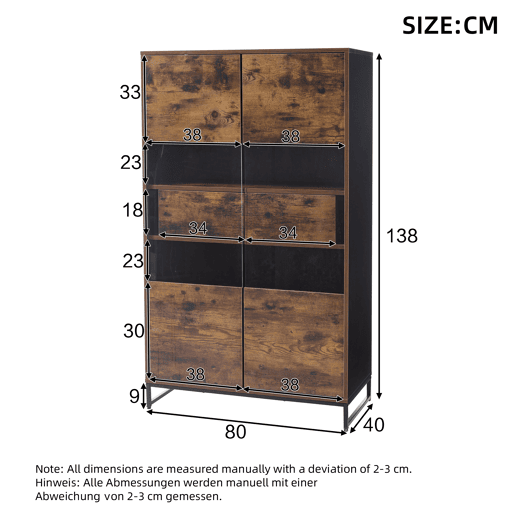 Vitrine 80x40x138 cm - Com LED, 2 gavetas, com acrílico e grande capacidade de armazenamento - Preto + Veios de madeira
