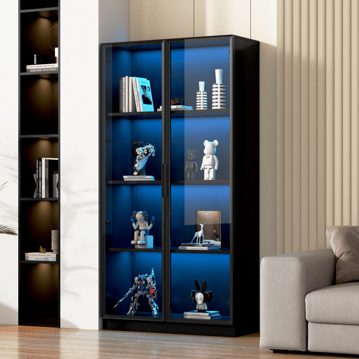 Vitrine de vidro 80x40x160 cm - Vitrine de porta dupla com iluminação LED APP, prateleiras móveis - Cor preta