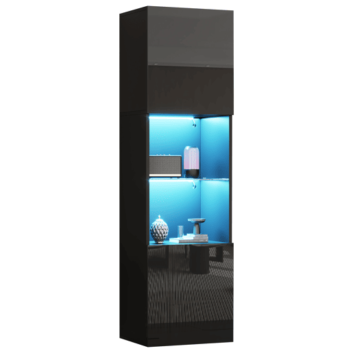 Vitrine alta 45x35x160 cm - LED, 1 prateleira de vidro - Preto brilhante