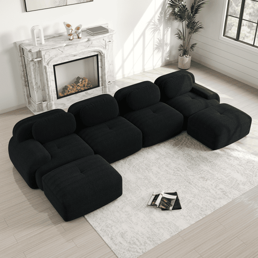 Sofá modular em U - sem montagem - tecido de veludo cotelê respirável, almofadas de alta elasticidade 32D, braços extra largos, adequado para animais de estimação e ergonómico - Preto