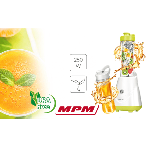 MPM MBL-20 Liquidificador Smoothie Good To Go, 2 Garrafas Portátiles, 0,6L, Libre BPA, 250, Branco Verde