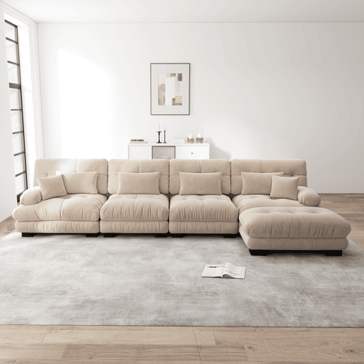 Sofá modular L - 4 lugares - Cloud com otomano móvel - Chenille - Café claro Sofá modular L - 4 lugares - Cloud com otomano móvel - Chenille - Café claro