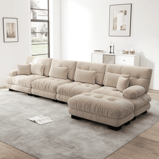 Sofá modular L - 4 lugares - Cloud com otomano móvel - Chenille - Café claro Sofá modular L - 4 lugares - Cloud com otomano móvel - Chenille - Café claro