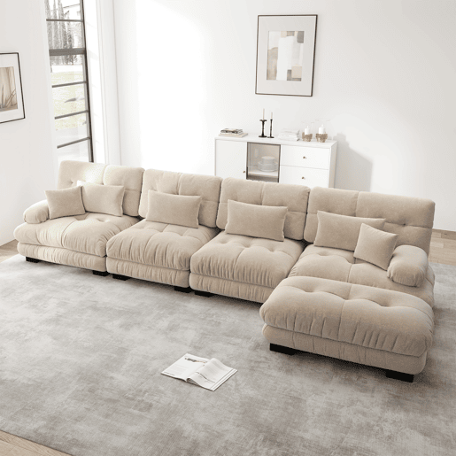 Sofá modular L - 4 lugares - Cloud com otomano móvel - Chenille - Café claro Sofá modular L - 4 lugares - Cloud com otomano móvel - Chenille - Café claro