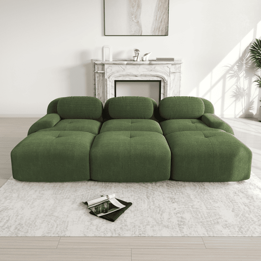 Sofá modular de 3 lugares com 3 pufes - sem montagem, adequado para animais de estimação, braços ultra-rebatíveis - Verde
