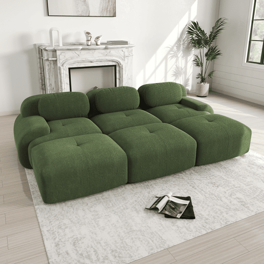 Sofá modular de 3 lugares com 3 pufes - sem montagem, adequado para animais de estimação, braços ultra-rebatíveis - Verde
