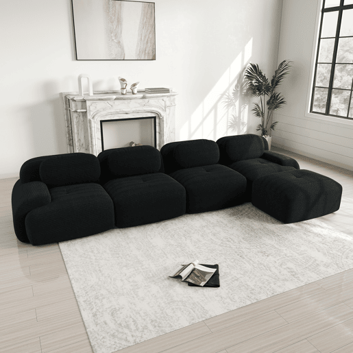 Sofá de canto para 4 pessoas - Espuma de alta elasticidade 32D, antiderrapante, com chaise longue, braços extra largos, combinável sem montagem - Preto
