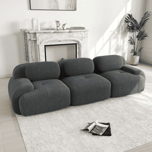 Sofá modular de 3 lugares - combinável, antiderrapante, sem montagem, apoios de braços ergonómicos, almofada de espuma elástica - Cinza