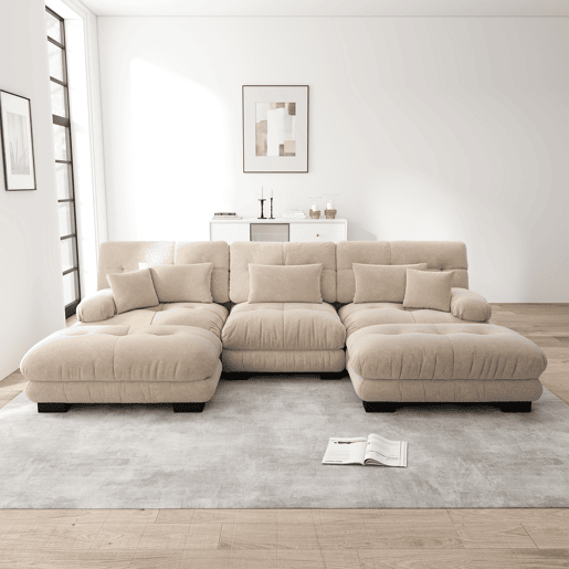 Sofá Modular Lujo - Grande U - Sofá Cloud Convertible com Ottoman - Chenille Café Claro