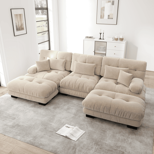 Sofá Modular Lujo - Grande U - Sofá Cloud Convertible com Ottoman - Chenille Café Claro