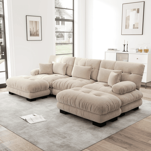 Sofá Modular Lujo - Grande U - Sofá Cloud Convertible com Ottoman - Chenille Café Claro