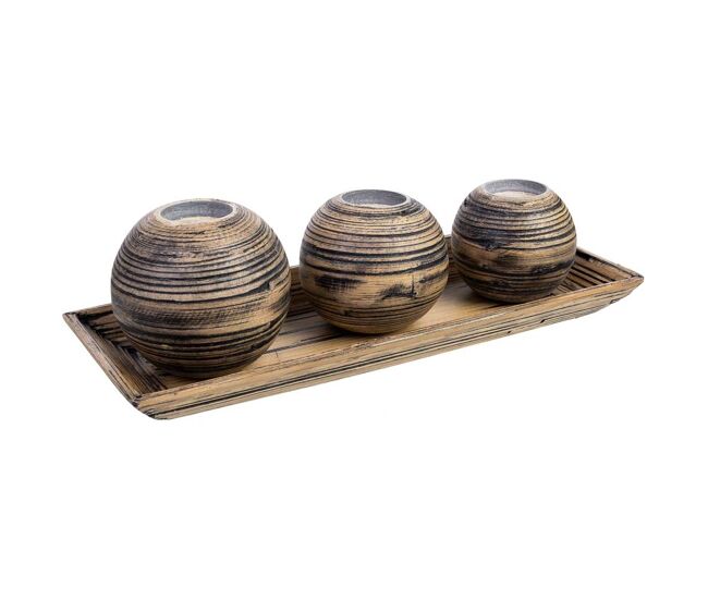 Juego bandeja y 3 portavelas de madera de bambú marrón 33x13x3h cm