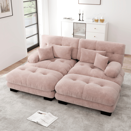 Sofá de canto Cloud 2 lugares - Chenille com 2 almofadas lombares e 2 almofadas decorativas, com 2 pufes - Rosa