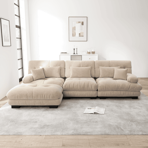 Sofá modular de luxo - Sofá de canto grande em forma de L para sala de estar, sofá-cama profundo com otomano, veludo cotelê, chenille, Light Coffee
