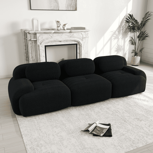 Sofá de 3 lugares - Modular, antiderrapante, sem montagem, com braços ergonómicos e enchimento elástico, Veludo cotelê - Preto