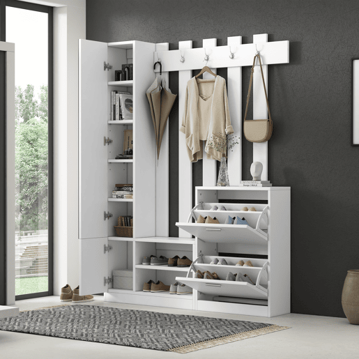 Conjunto de guarda-roupa 135x25x180 cm - com espelho, armário de corredor, prateleira suspensa, com 2 portas basculantes para sapatos + 2 armários de arrumação - Branco