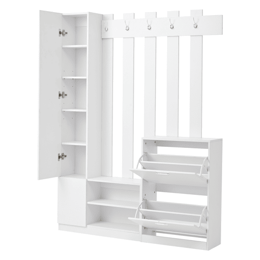 Conjunto de guarda-roupa 135x25x180 cm - com espelho, armário de corredor, prateleira suspensa, com 2 portas basculantes para sapatos + 2 armários de arrumação - Branco