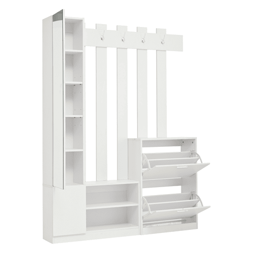Conjunto de guarda-roupa 135x25x180 cm - com espelho, armário de corredor, prateleira suspensa, com 2 portas basculantes para sapatos + 2 armários de arrumação - Branco