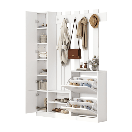 Conjunto de guarda-roupa 135x25x180 cm - com espelho, armário de corredor, prateleira suspensa, com 2 portas basculantes para sapatos + 2 armários de arrumação - Branco