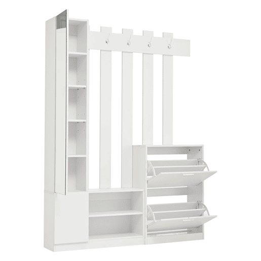 Conjunto de guarda-roupa 135x25x180 cm - com espelho, armário de corredor, prateleira suspensa, com 2 portas basculantes para sapatos + 2 armários de arrumação - Branco