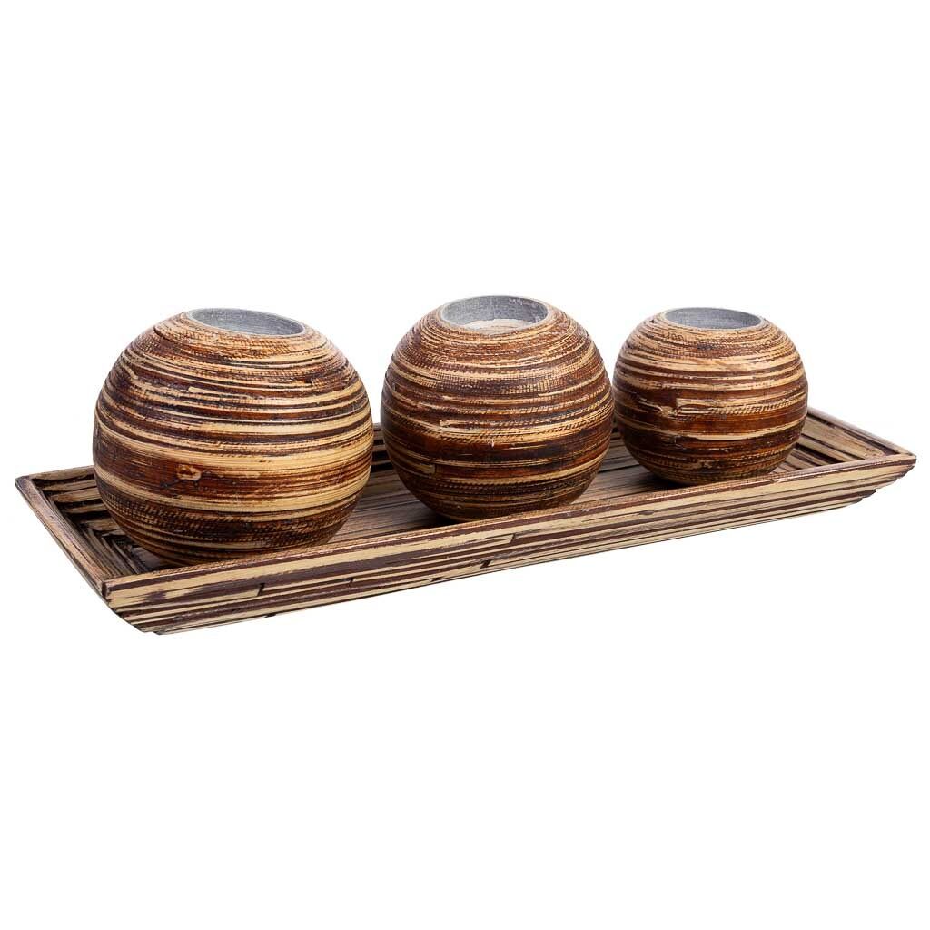 Juego bandeja y 3 portavelas de madera de bambú marrón 33x13x3h cm