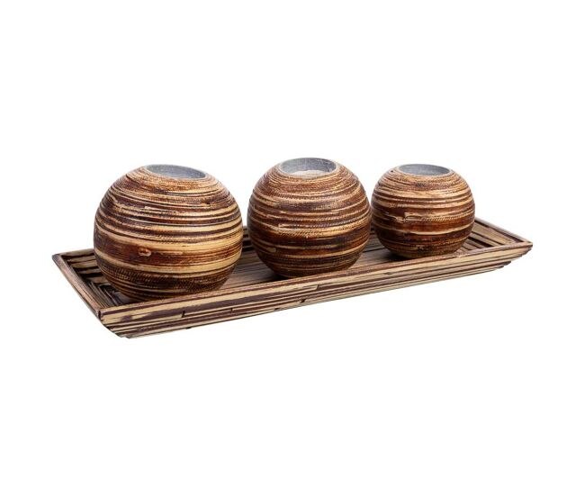 Juego bandeja y 3 portavelas de madera de bambú marrón 33x13x3h cm
