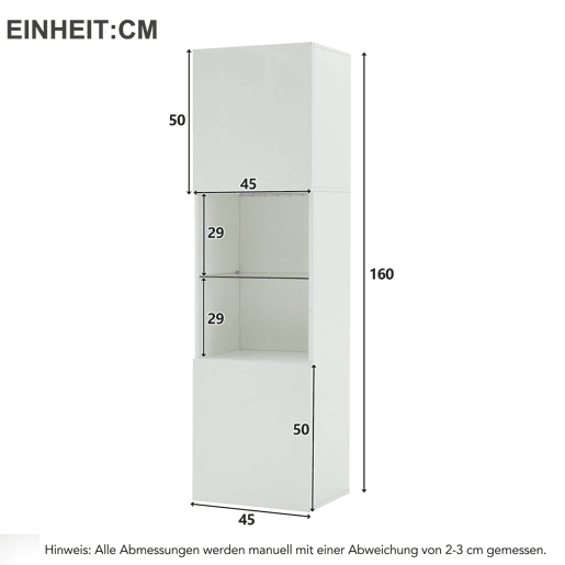Vitrine alta 45x35x160 cm - com LED, 1 prateleira de vidro - branca