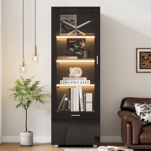 Vitrine preta de alto brilho - Vitrine com portas de vidro, iluminação LED, 3 prateleiras, para colecionáveis e perfumes - Preto Vitrine preta de alto brilho - Vitrine com portas de vidro, iluminação LED, 3 prateleiras, para colecionáveis e perfumes - Preto