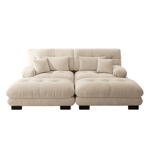 Sofá de canto Cloud 2 lugares - Chenille com 2 almofadas lombares, 2 almofadas decorativas, 2 pufes, braço largo - Café