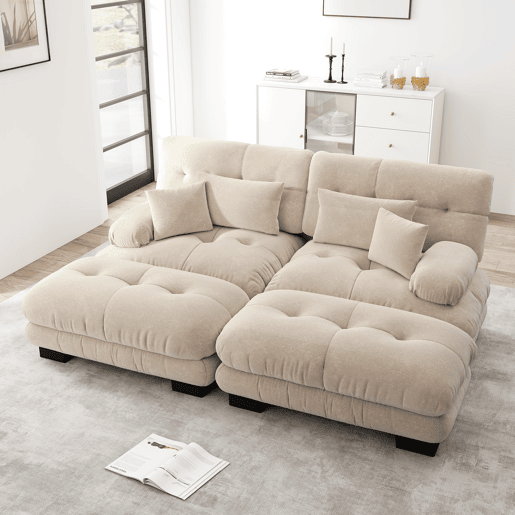 Sofá de canto Cloud 2 lugares - Chenille com 2 almofadas lombares, 2 almofadas decorativas, 2 pufes, braço largo - Café