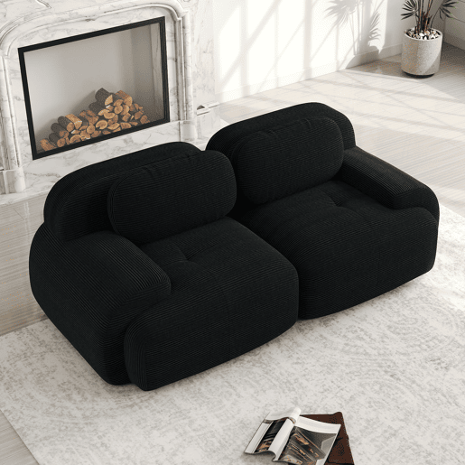 Sofá Loveseat 82'' - Sofá modular em veludo cotelê com braços curvos e base antiderrapante - Preto