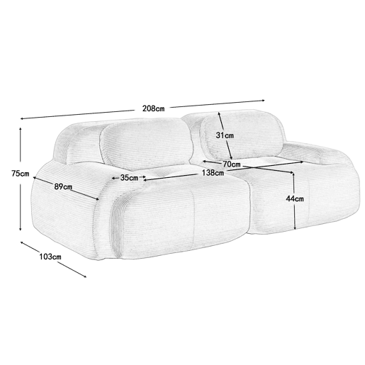 Sofá Loveseat 82'' - Sofá modular em veludo cotelê com braços curvos e base antiderrapante - Preto