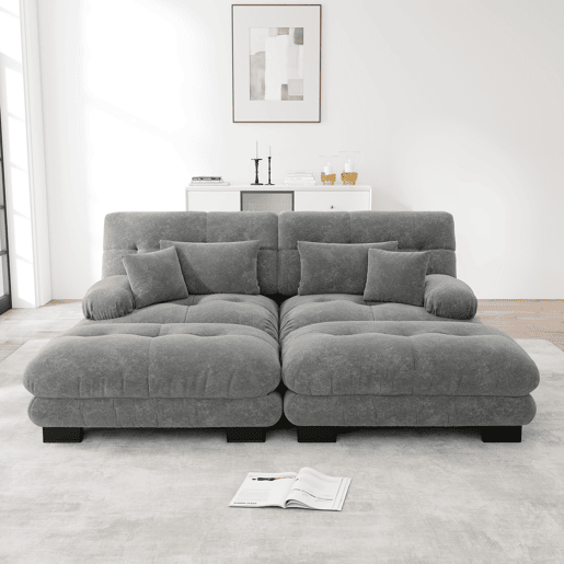 Sofá Cloud 2 lugares - Chenille com 2 almofadas lombares e 2 almofadas decorativas, com 2 pufes - Cinza Sofá Cloud 2 lugares - Chenille com 2 almofadas lombares e 2 almofadas decorativas, com 2 pufes - Cinza
