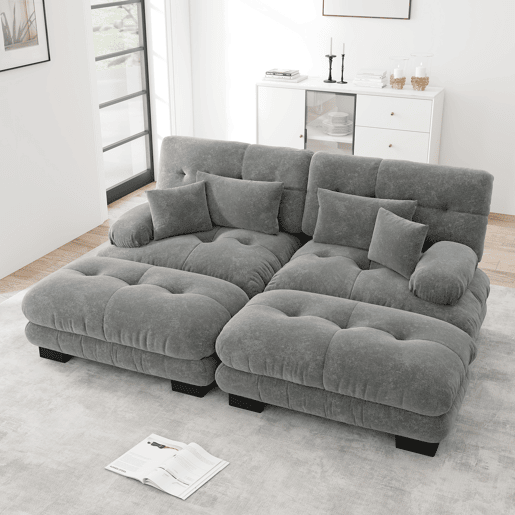 Sofá Cloud 2 lugares - Chenille com 2 almofadas lombares e 2 almofadas decorativas, com 2 pufes - Cinza Sofá Cloud 2 lugares - Chenille com 2 almofadas lombares e 2 almofadas decorativas, com 2 pufes - Cinza