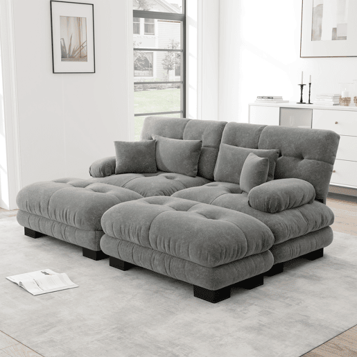 Sofá Cloud 2 lugares - Chenille com 2 almofadas lombares e 2 almofadas decorativas, com 2 pufes - Cinza Sofá Cloud 2 lugares - Chenille com 2 almofadas lombares e 2 almofadas decorativas, com 2 pufes - Cinza